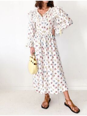 Doen Lucretia Floral Cotton Dress Size Small Maxi Lace Ruffle Ribbon Tie Cottage